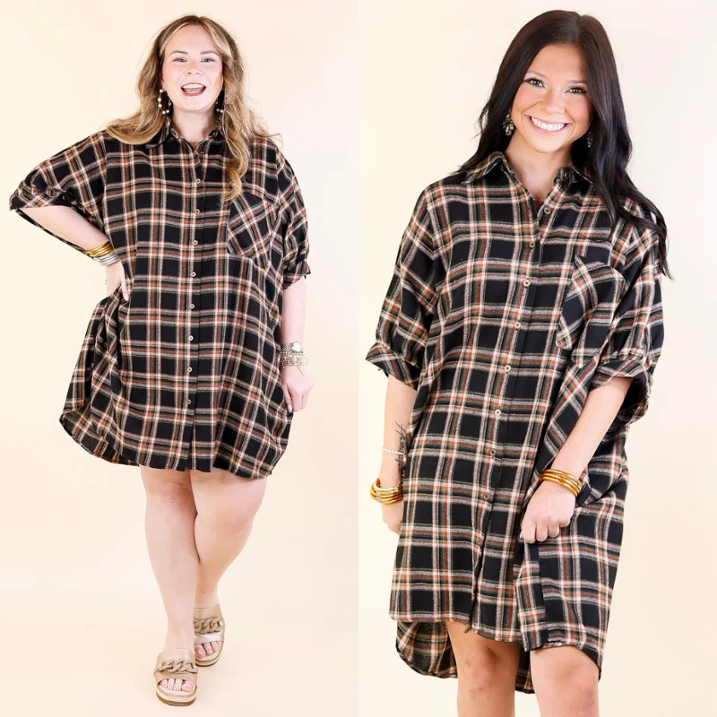 Cozy And Kind Button Up Plaid Dress in Black