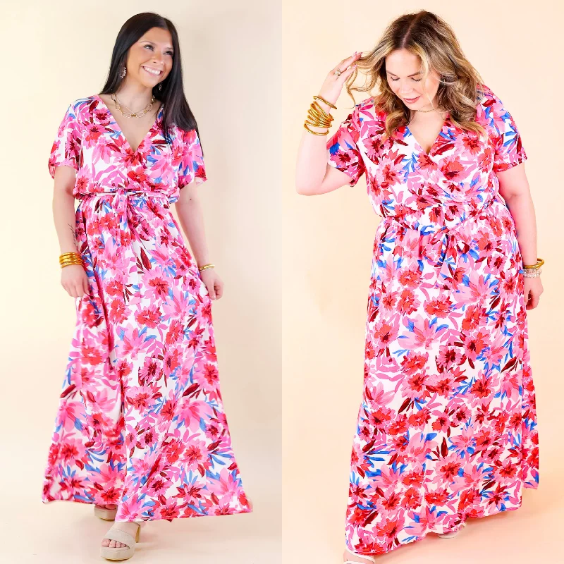 Delightful Dip Floral Maxi Dress with Waist Tie in Pink Mix