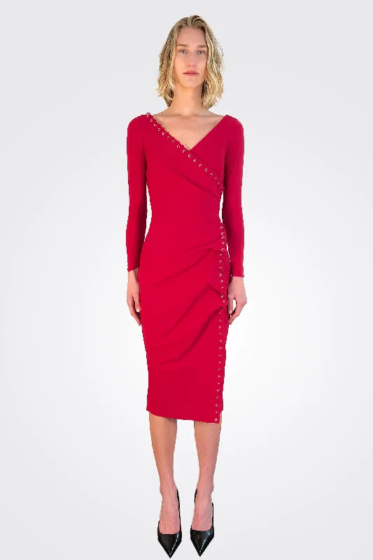 Elma Long Sleeve Faux Wrap Cocktail Dress - Garnet