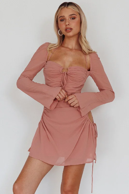 Etta Drawstring Long Sleeve Mini Dress Blush