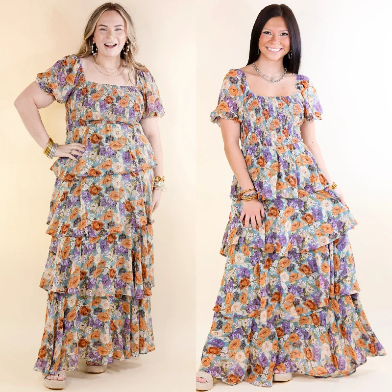 Fun Feeling Floral Tiered Maxi Dress with Smocked Balloon Sleeves in Blue Mix