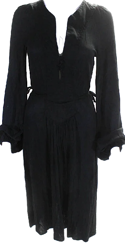 Isabel Marant Paris. Black Long Sleeve V Neck Jersey Tie Waist Midi Dress