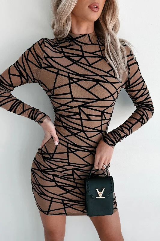 It's My World Geometric Mesh Bodycon Dress (Mocha)