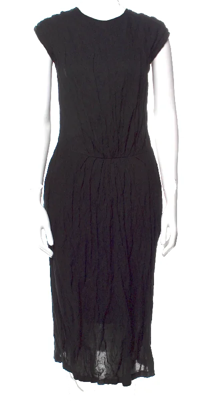 Jil Sander. Black Crinkle Crew Neck Midi Length Dress