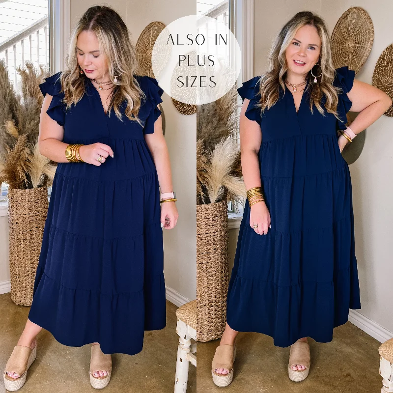 All Of A Sudden Tiered Midi Dress with Ruffle Cap Sleeves in Navy Blue