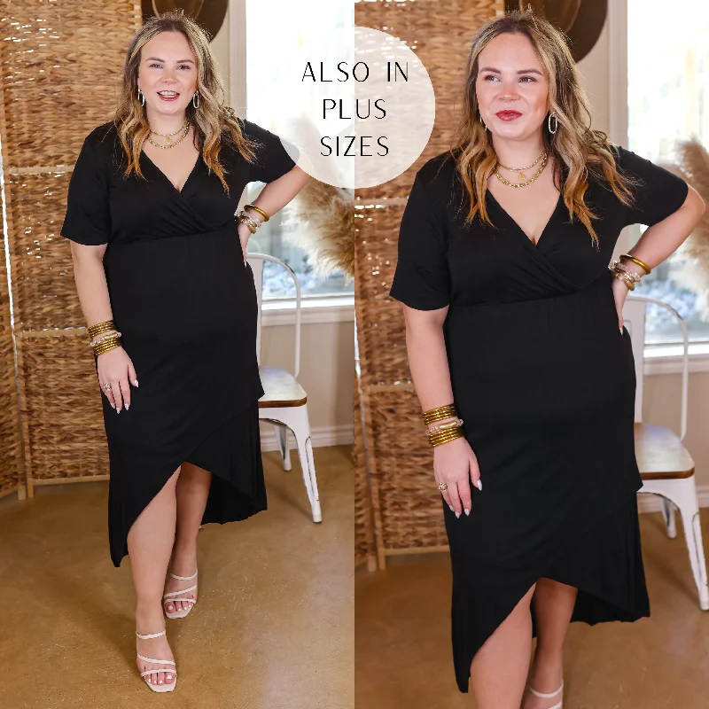 Turn Away Wrap Midi Dress with Short Sleeves in Black