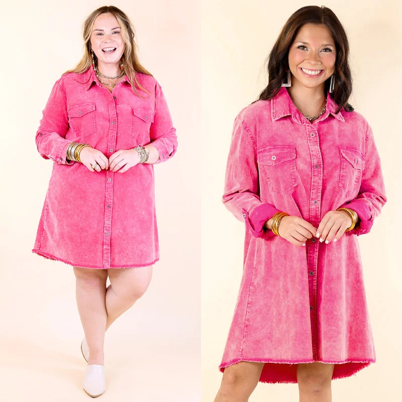 Patio Date Button Up Long Sleeve Corduroy Dress in Pink