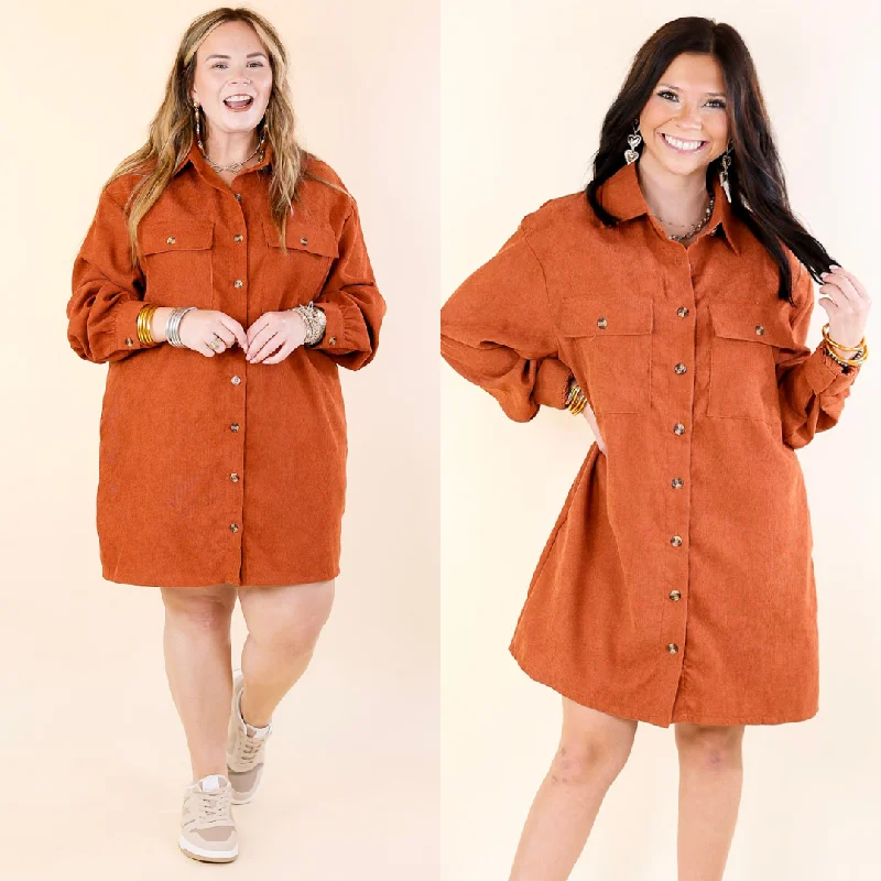 Peanut Brittle Button Up Corduroy Long Sleeve Dress in Rust Orange