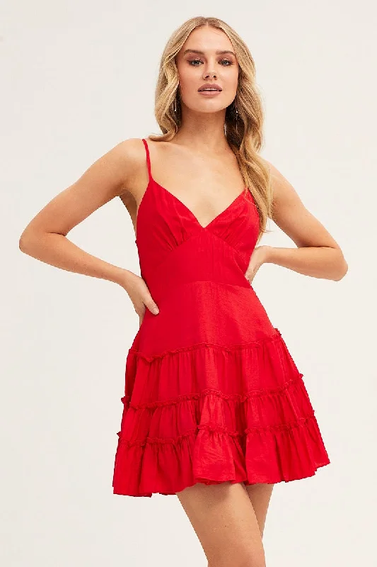 Red V Neck Frill Skater Dress