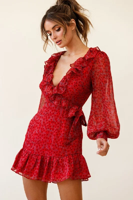 Regina Long Sleeve Ruffle Neckline Dress Flower Print Red