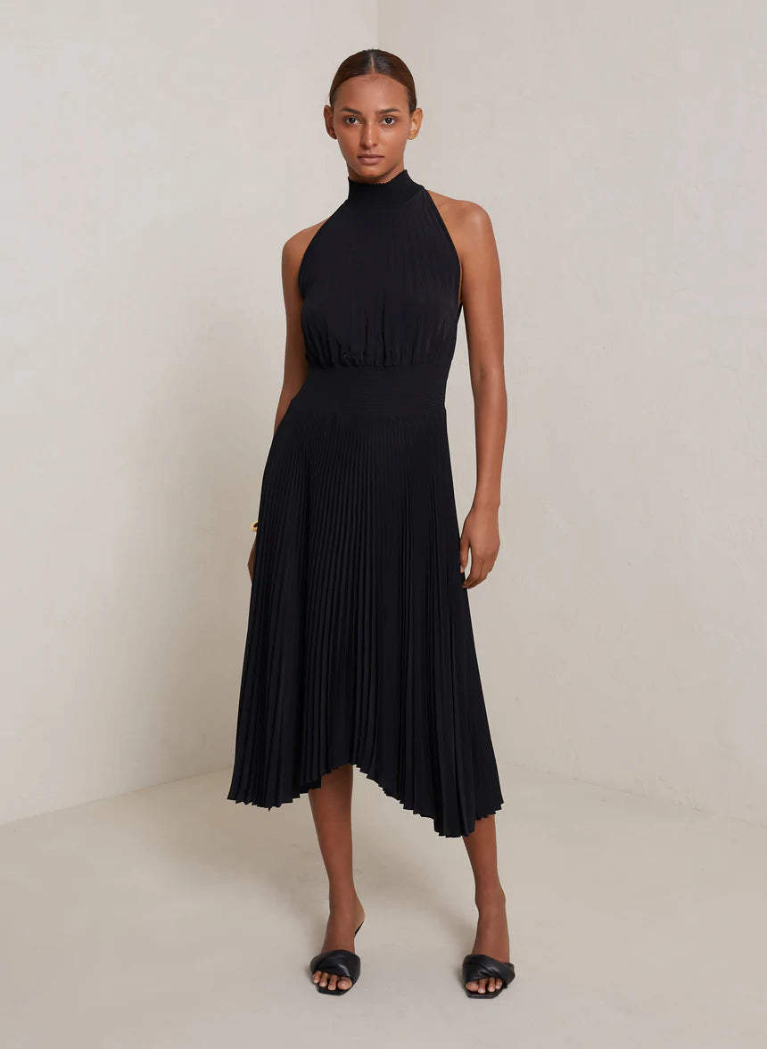 Renzo Pleated Midi Dress - Black