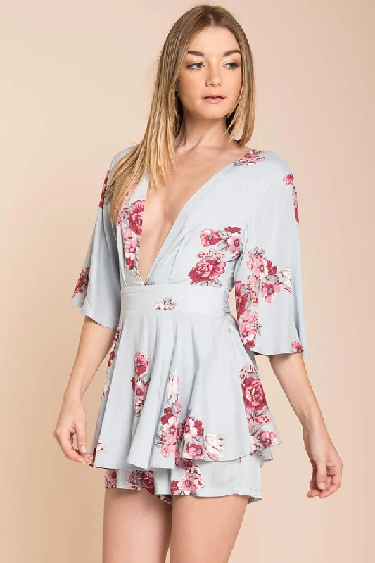 Rosalynn Bow Tie Floral Romper Blue