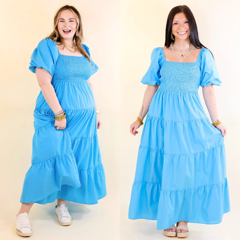 Santorini Sunshine Short Balloon Sleeve Maxi Dress in Blue