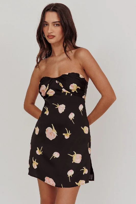 Sian Strapless Sweetheart Mini Dress Flowers Black