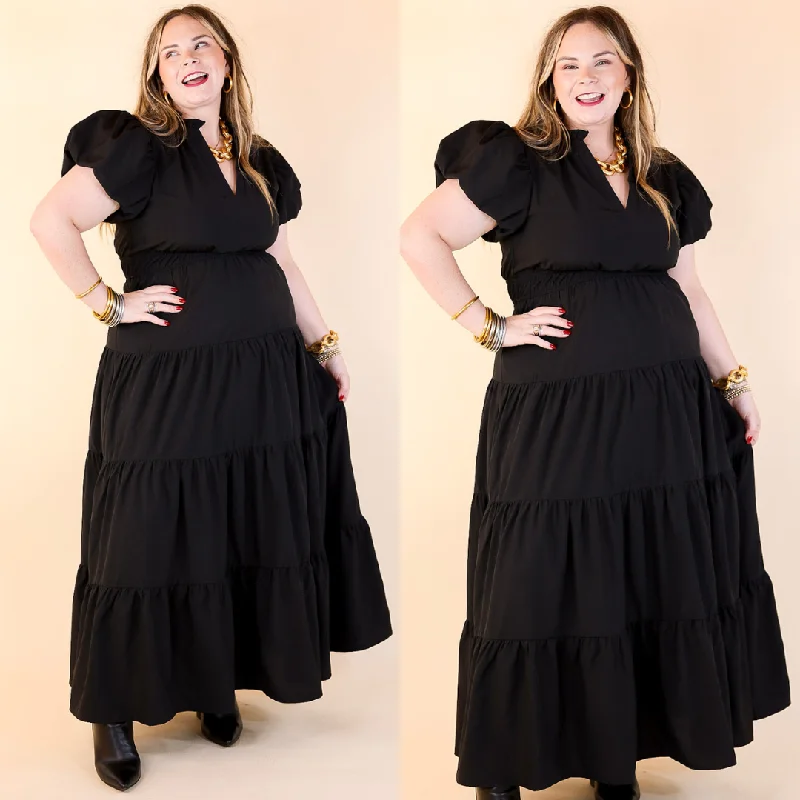 Table for Two Tiered Maxi Dress with Puff Sleeves in Black