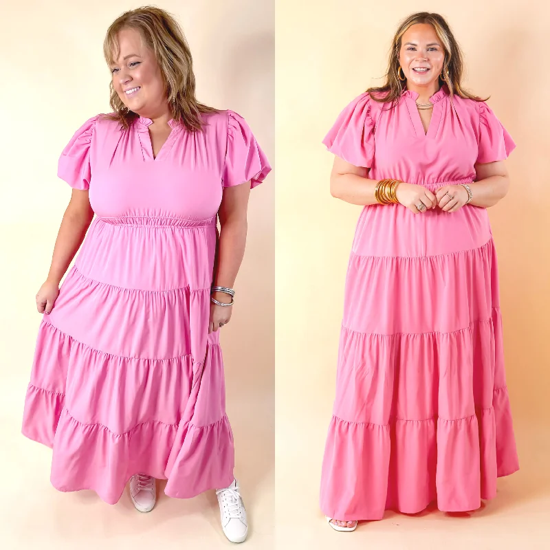 Table for Two Tiered Maxi Dress with Puff Sleeves in Bubblegum Pink