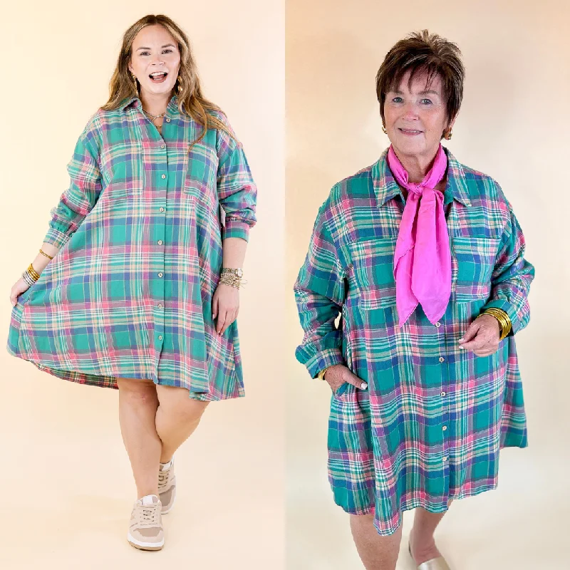 Vibrant Lifestyle Plaid Button Up Dress in Teal and Pink