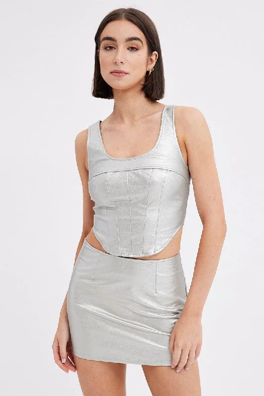 Metallic Mini Skirt Mid Rise PU Faux Leather Silver